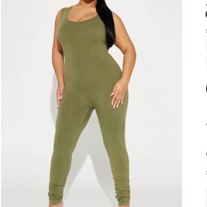 Olive Green Jumpsuit Open Backless Skinny Legs Thick Tank Straps Scoop Neck